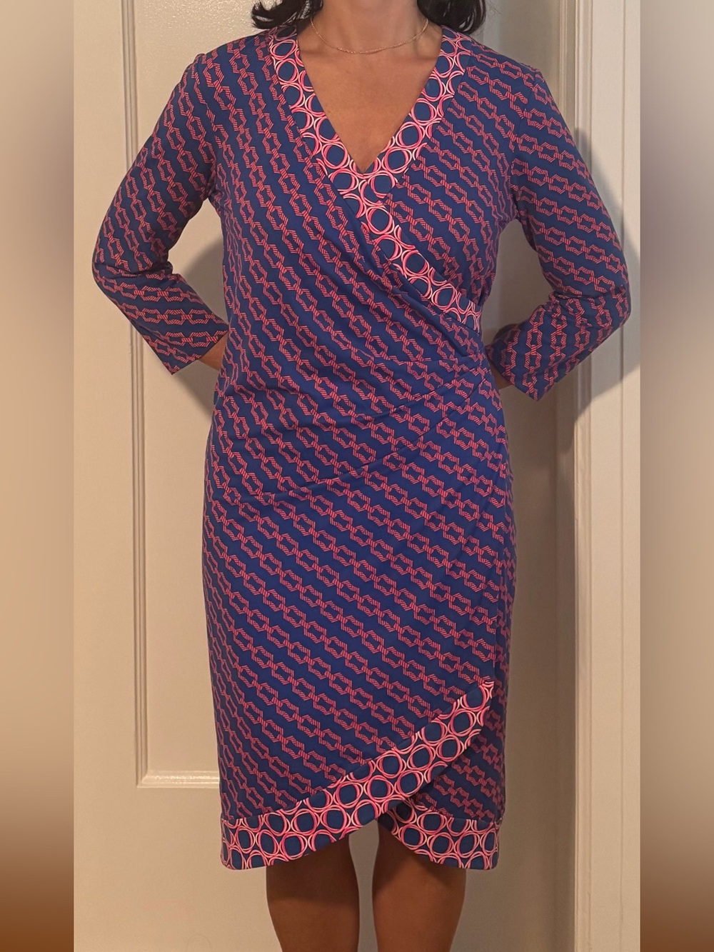 Faux-Wrap Midi Dress in Navy and Pink Geometric Print